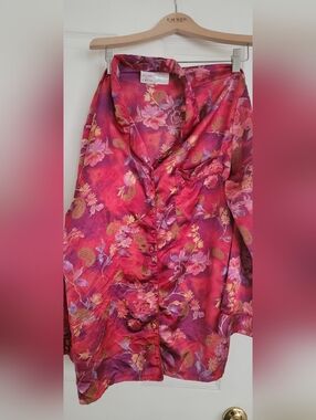 Floral Satin Button-Front Top in Rich Magenta
